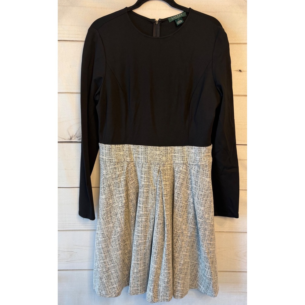 Lauren Ralph Lauren Black Tweed Fit Flare Dress Long Sleeve Mixed Media 14